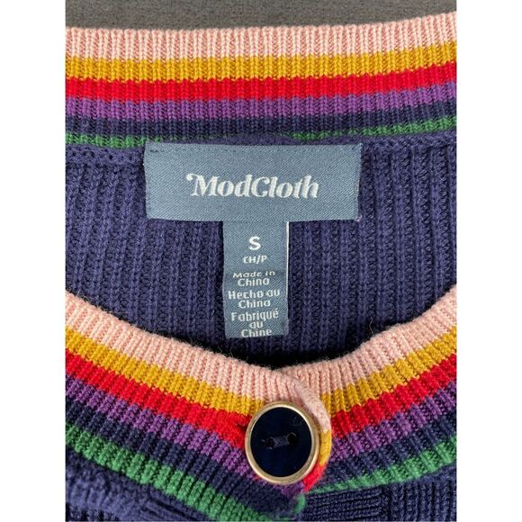 ModCloth Cardigan Womens S Navy Rainbow Trim Button Front Cropped Sweater Casual - Picture 4 of 8